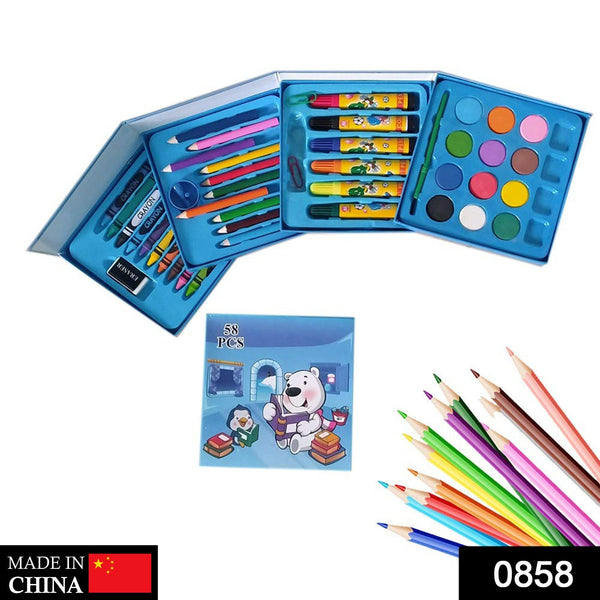 Complete 58-piece art set featuring color pencils, crayons, oil pastels, and sketch pens.