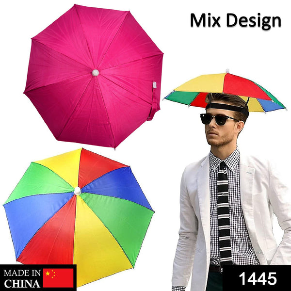 Umbrella hat, hands-free, for sun and rain protection.